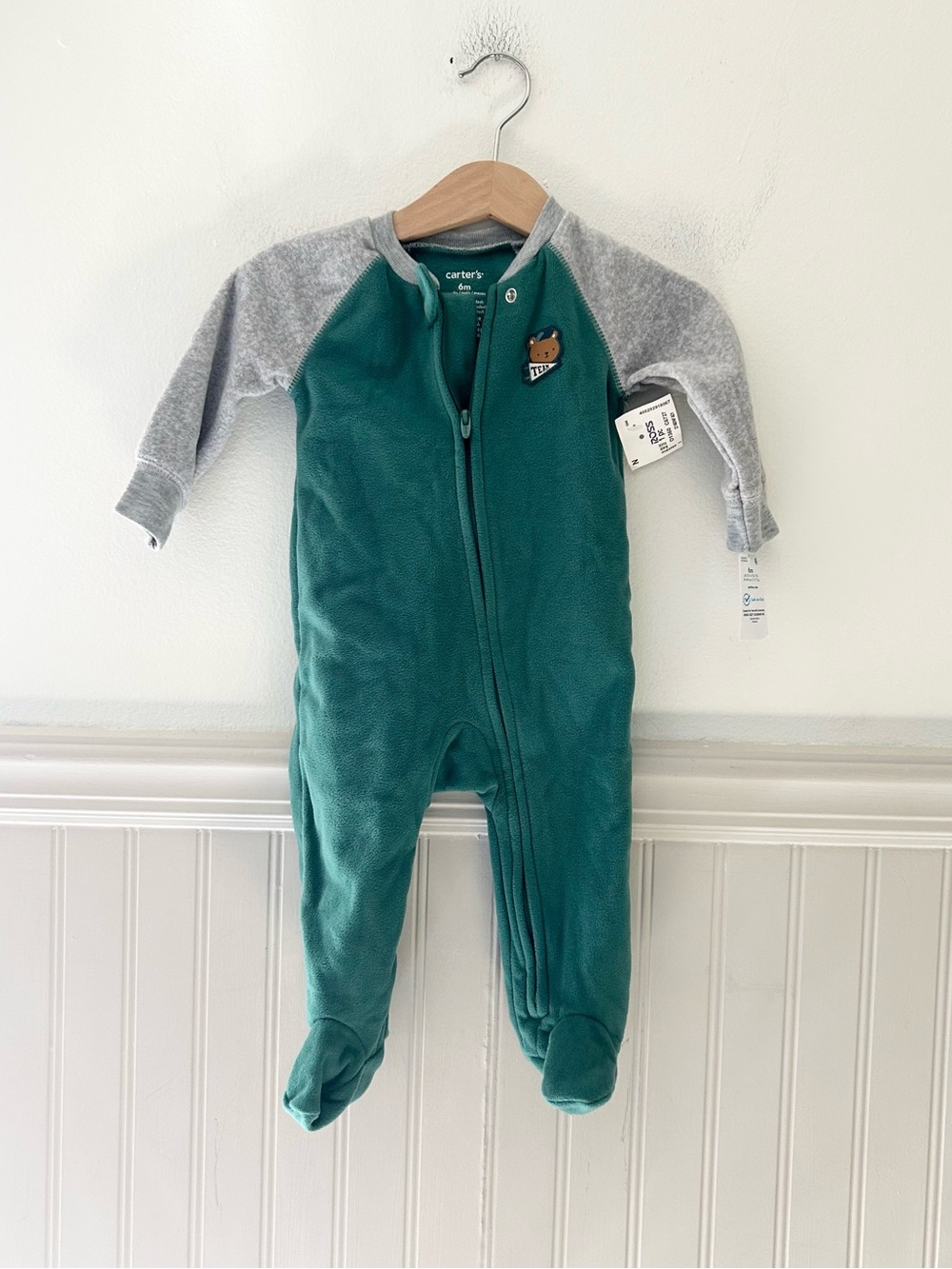 ⭐️ NEW Carter's 6 Months Teal and Gray Footed One-Piece with Fox Patch